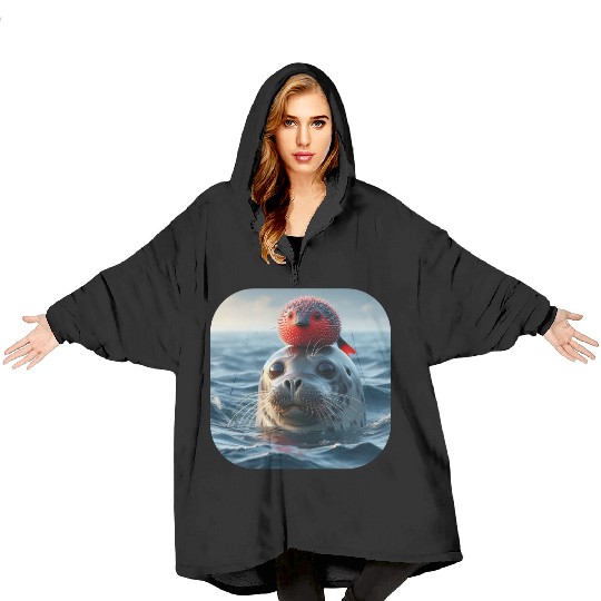 Seal and pufferfish friends from the ocean Blanket Hoodies