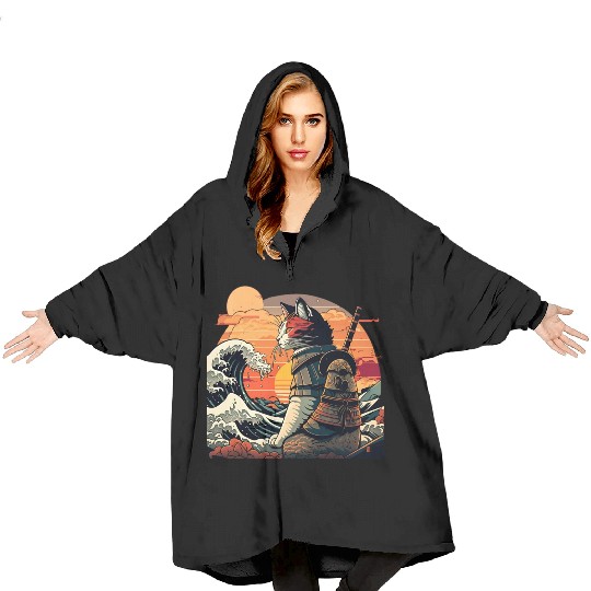Samurai Cat vs The Great Wave Blanket Hoodies