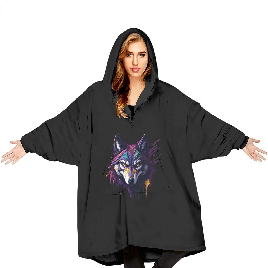 Wolf with paint splatters on it's face Blanket Hoodies