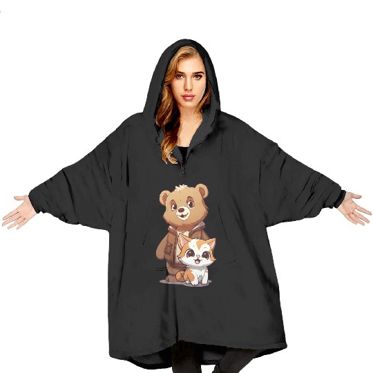 cute kitty cat and teddy bear in cartoon style Blanket Hoodies