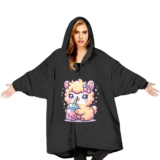 Kawaii Llama Sips Bubble Tea Cute Llama Boba Tea Blanket Hoodies
