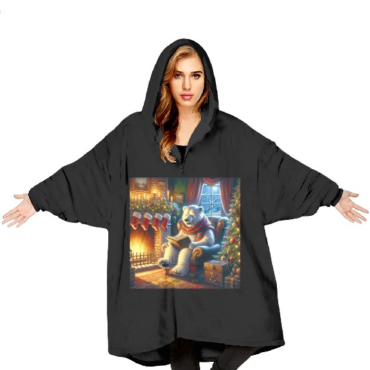 Winter Tales-Merry Cozy Bear Reading by Fireplace Blanket Hoodies