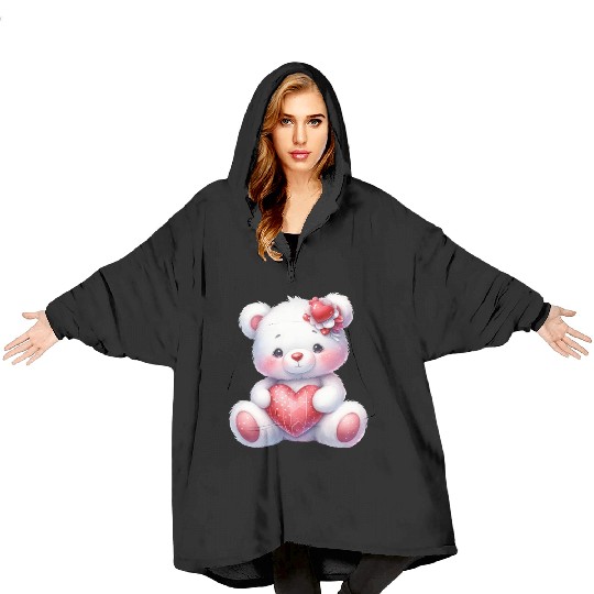 White Teddy Bear Love Valentine's Day Red Heart Blanket Hoodies