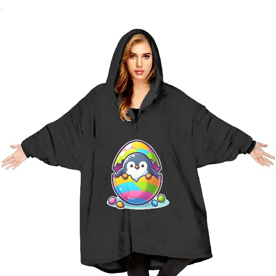 Penguin hatches from colorful Easter egg Blanket Hoodies