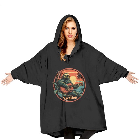 Tropical Sloth Guitar Vacation Sunset Beach Blanket Hoodies