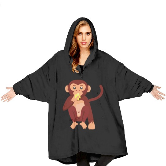 Cute monkey eating banana Blanket Hoodies