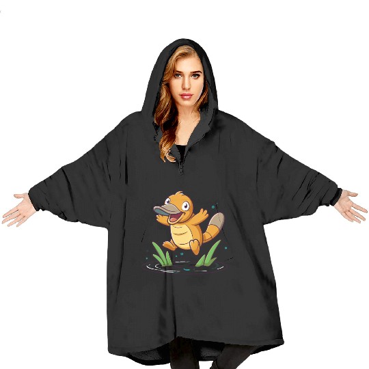 Whimsical Platypus Frolicking in a Pond Blanket Hoodies