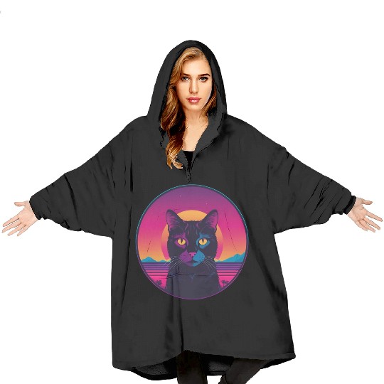 Synthwave Black Cat Blanket Hoodies