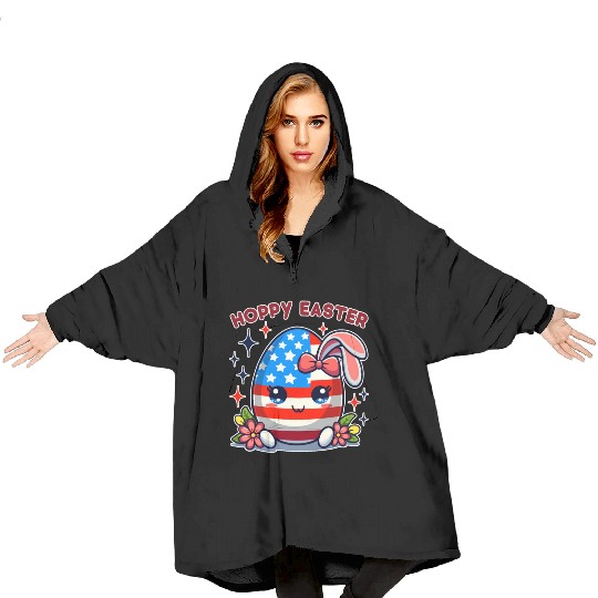 Hoppy Easter - American Flag Easter Egg Bunny Ears Blanket Hoodies