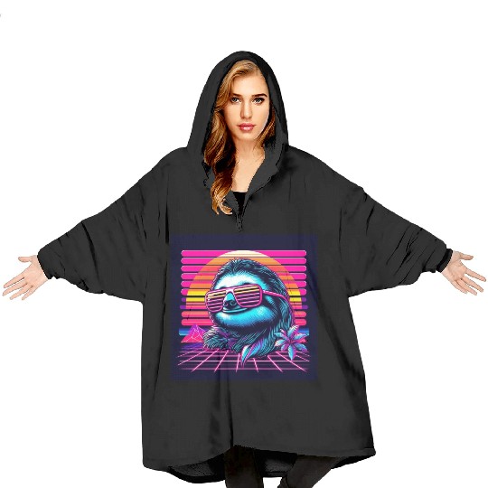Synthwave Retro 80's Sloth Blanket Hoodies
