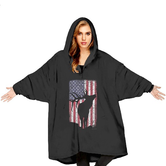 Elk Hunting Bugling Bull US Flag American Blanket Hoodies