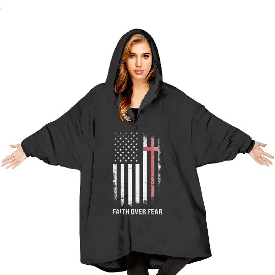 US USA Flag American Faith Over Fear Cross Blanket Hoodies