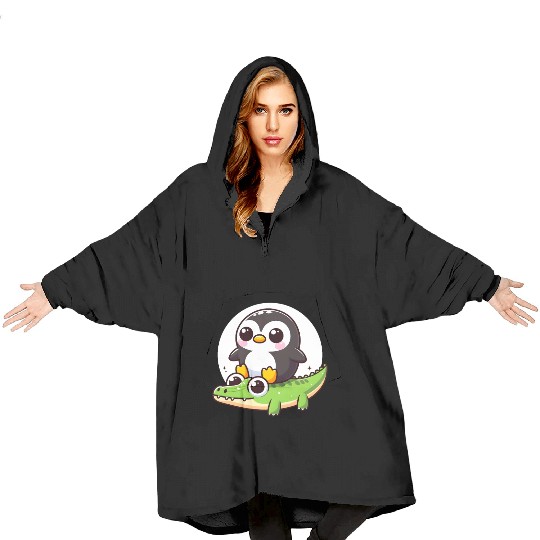 Penguin on crocodile safar Blanket Hoodies