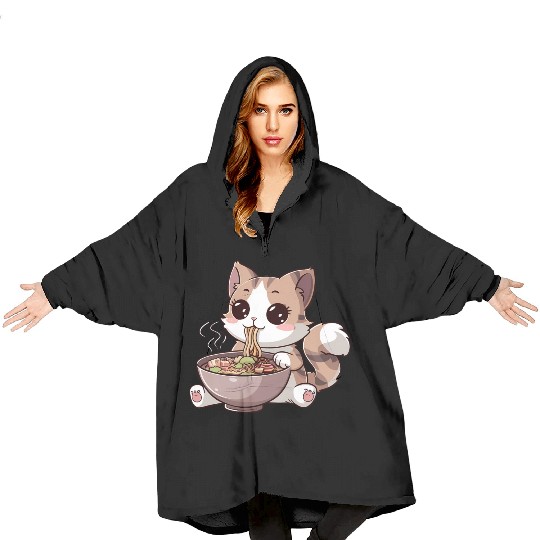 Kawaii Cat Eating Ramen Blanket Hoodies