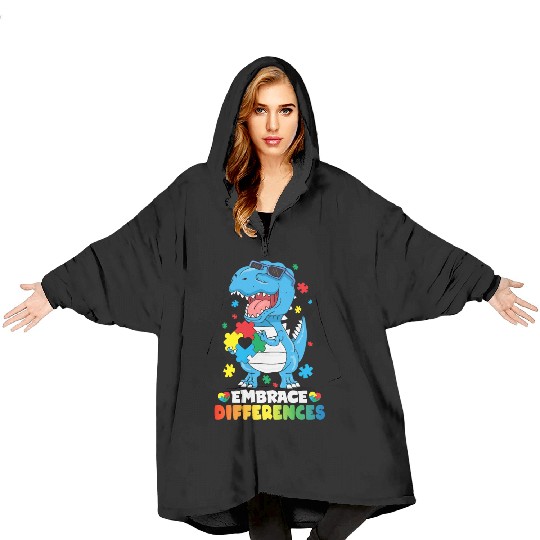 Embrace Differences T Rex Dinosaur Autism Awarenes Blanket Hoodies