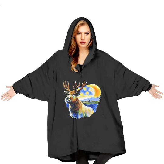 Beautiful deer on forest art Blanket Hoodies