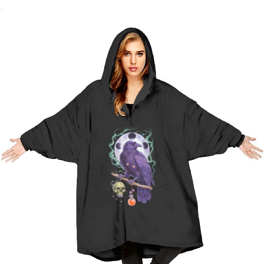 Mystical purple raven perched on a branch Blanket Hoodies
