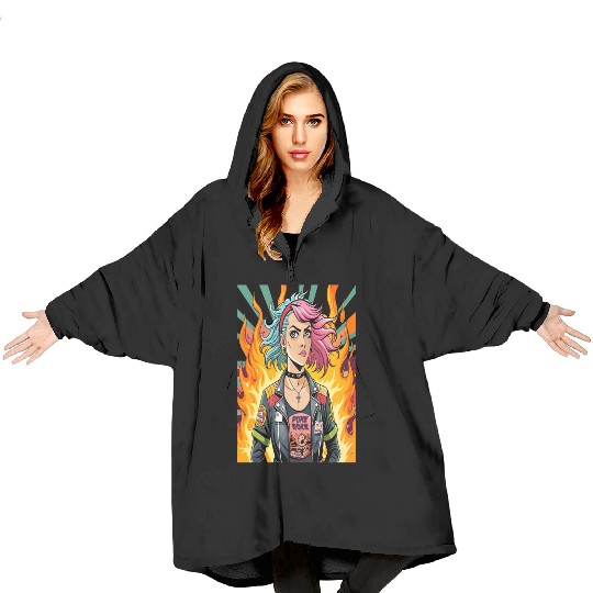 Flames of Punk Rock Girl Blanket Hoodies