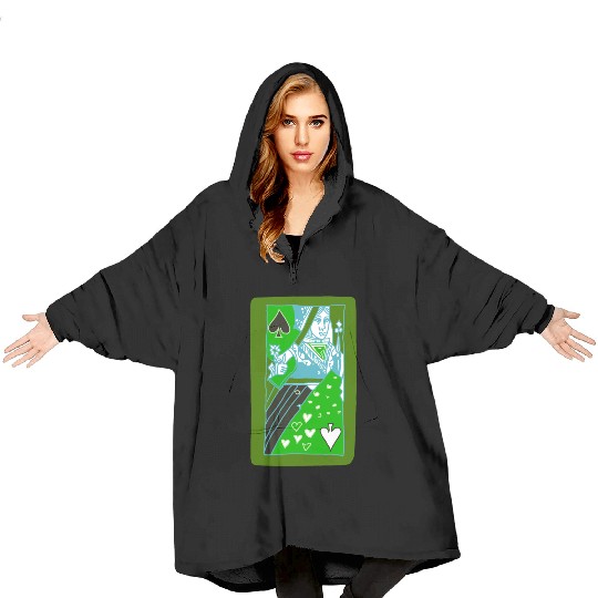 Green Queen of Spades Playing Card Blanket Hoodies