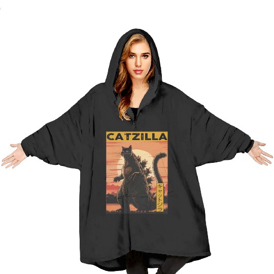 Catzilla Vintage Funny Cute Cat Art Japanese Sunse Blanket Hoodies