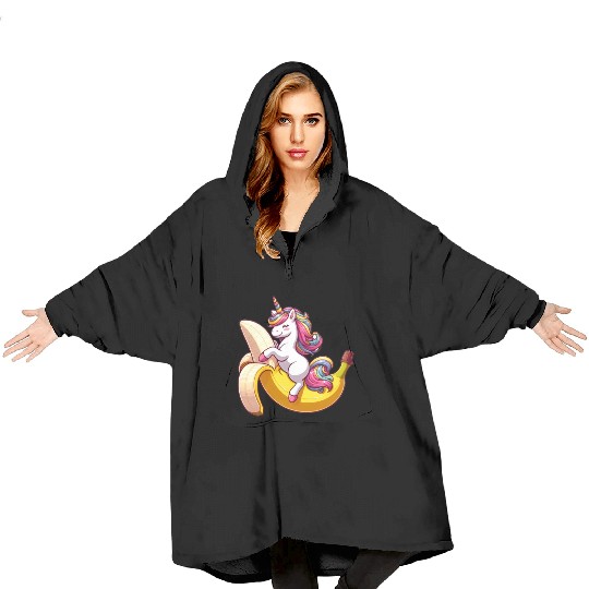 Unicorn on banana Blanket Hoodies