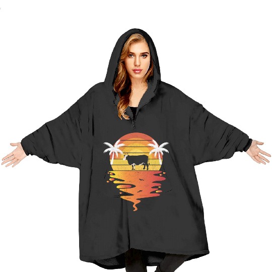 Sunset Cow and Palm Tree Scene Blanket Hoodies