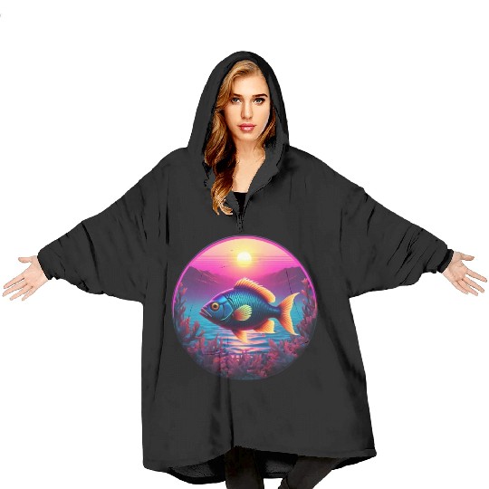 Synthwave Fish and Coral and a Sunset and Ocean Blanket Hoodies