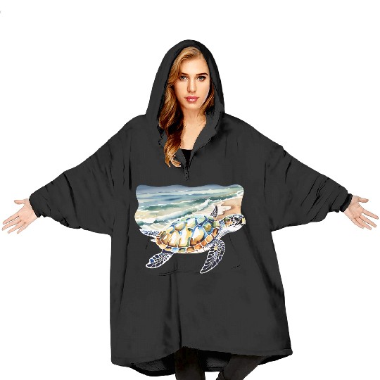Sea Turtle at the Beach in Watercolor Blanket Hoodies