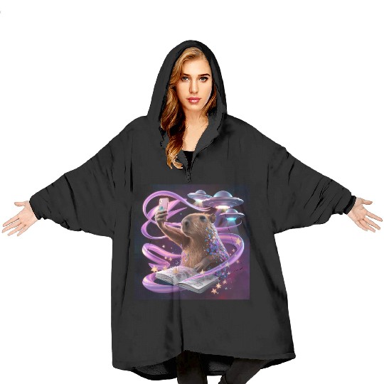 Funny Graphic Blanket Hoodies Capybara Selfie with UFOs Weird