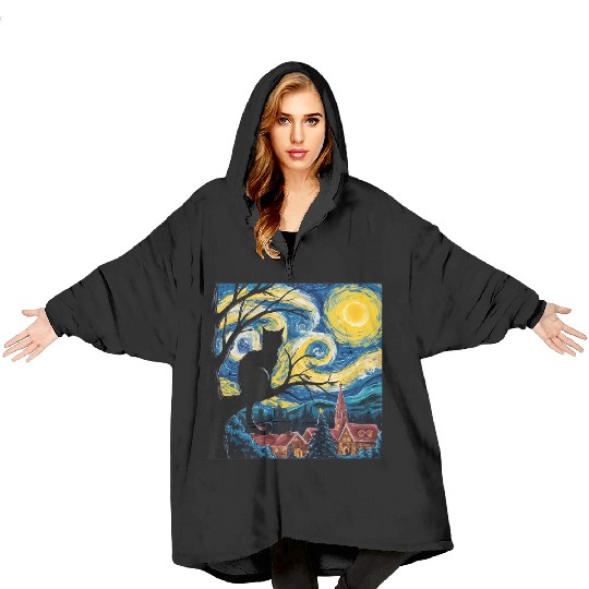 Starry Night Cat Art Premium Blanket Hoodies