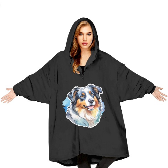 Australian Shepherd Watercolor Blanket Hoodies