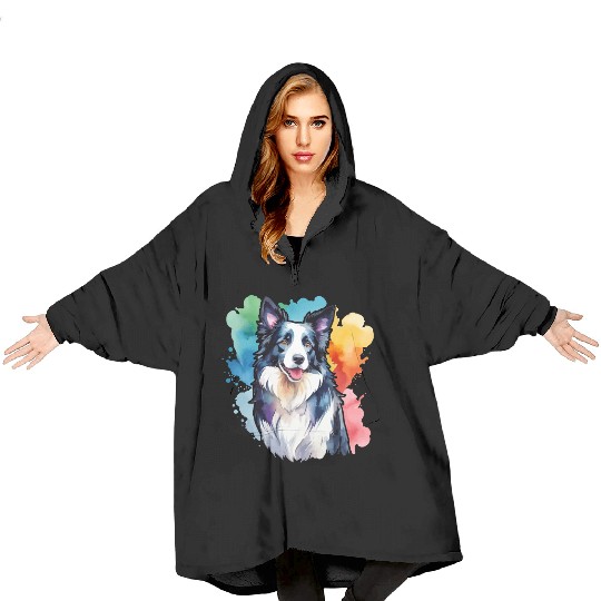 Border Collie Watercolor Blanket Hoodies