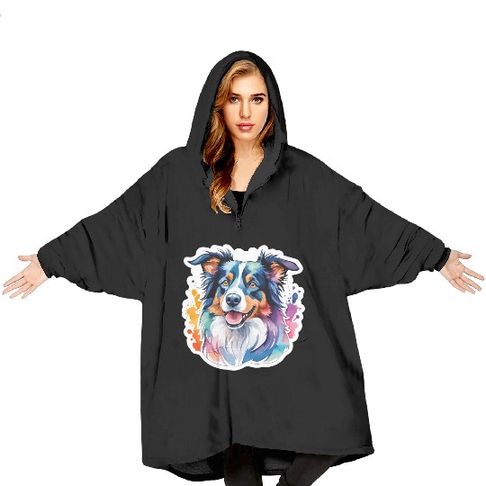 Border Collie Watercolor Blanket Hoodies
