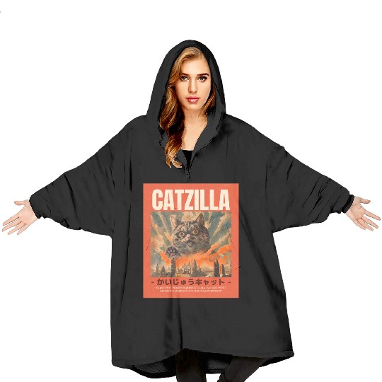 Catzilla Vintage Japanese Funny Angry Cat Blanket Hoodies