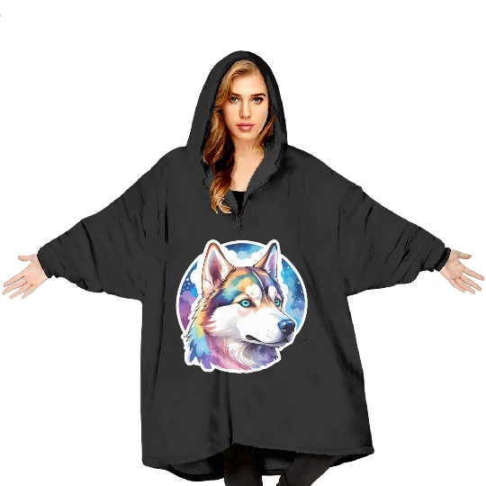 Siberian Husky Watercolor Blanket Hoodies