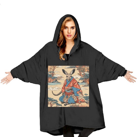 Retro Ukiyo-e Style Kangaroo Caricature Blanket Hoodies