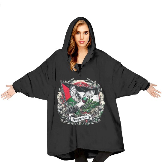 Pigeon holding olive's leaf free Palestine Flag Blanket Hoodies