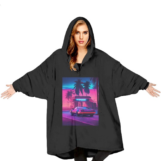 Retro Synthwave Night Drive Blanket Hoodies