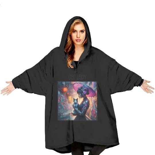 Cat Lady (Cyberpunk) Street Art v2 Blanket Hoodies