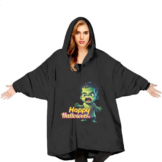 Little Cute Green Zombie Expressing Fear Blanket Hoodies