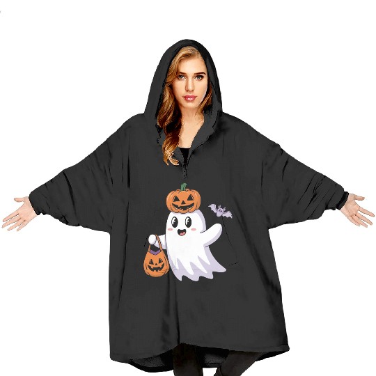 Cute Halloween Ghost with Pumpkin and Bat Blanket Hoodies