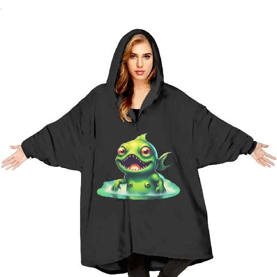 Green Monster Fish Emerge from the Deep Lake Scary Blanket Hoodies