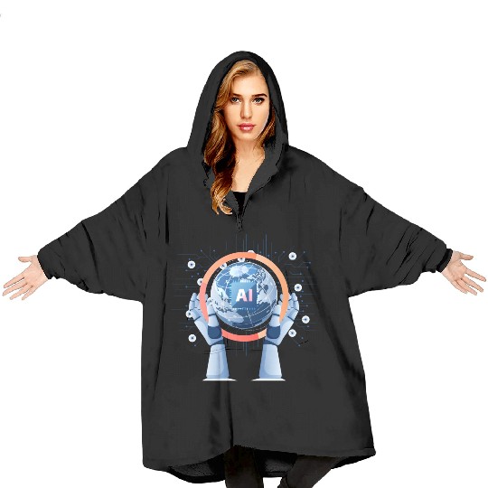 Robot Hand Holding World with Ai Chip Blanket Hoodies