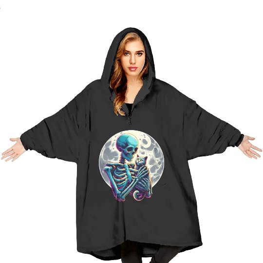 Skeleton Cute Cat Skull Kitty Halloween Blanket Hoodies