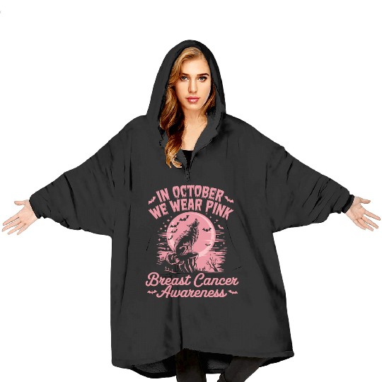 Breast Cancer Design Wolf & Pink Ribbon Blanket Hoodies
