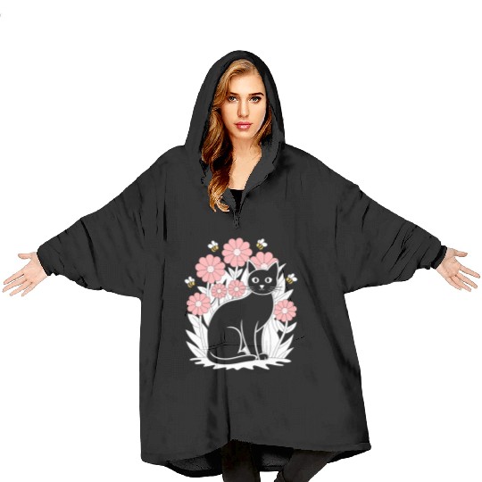 Cottagecore Black Cat with Flowers and Bees Blanket Hoodies