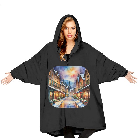 Christmas Night Streets Blanket Hoodies