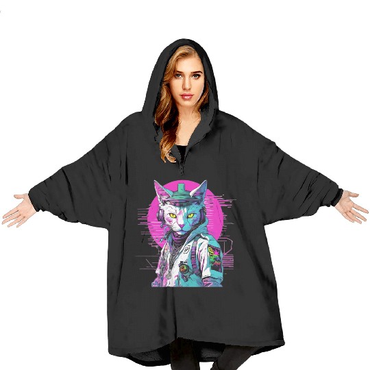 Neon Cyberpunk Warrior Cat Blanket Hoodies