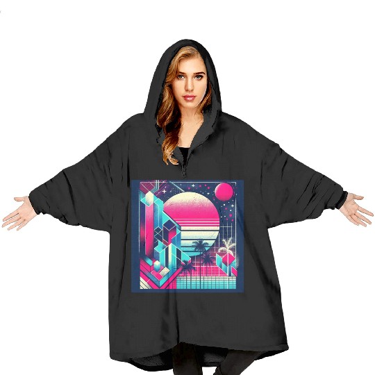 "Retro Neon Cityscape: Geometric Risograph Design" Blanket Hoodies