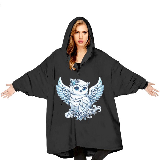 Cute snowy owl blue eyes angel wings cartoon Blanket Hoodies
